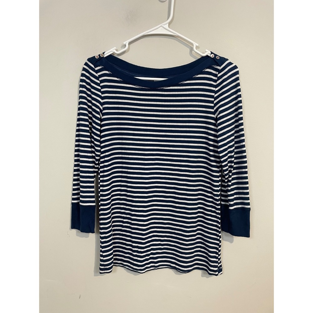 Anthropologie Akemi +‎ Kim Blue and White Stripe Boat Neck Ribbed Top Size Small